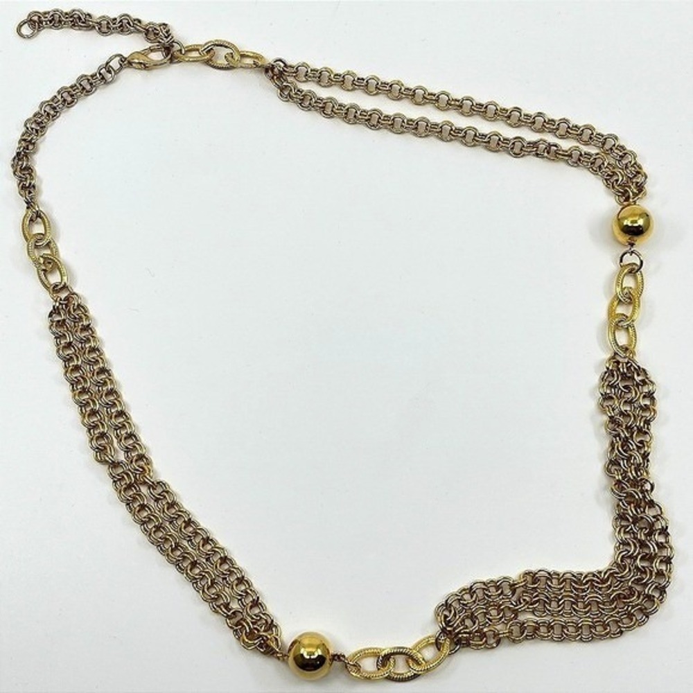 Vintage 90s Gold Tone Multi-Strand Chain Necklace Chunky Ball Station Retro Boho